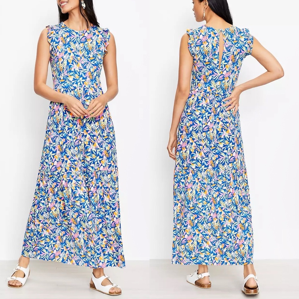LOFT Beach Ruffle Tiered Maxi Dress XXL Floral Vacation Bright Colorful Resort